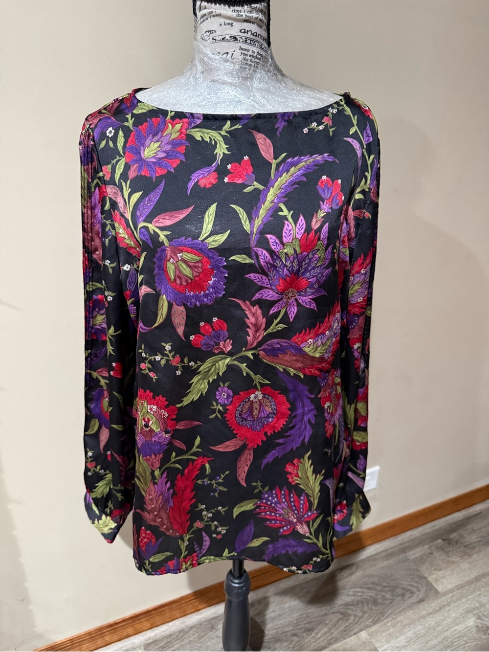 Ralph Lauren Black Boatneck Blouse with Purple & Red Floral Print